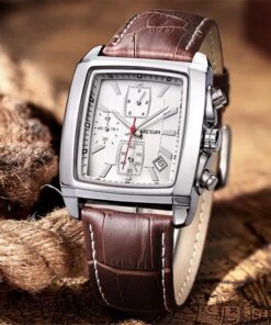 Megir Rectangle Dial Leather Strap Mens Chronograph Leather Wrist Watch