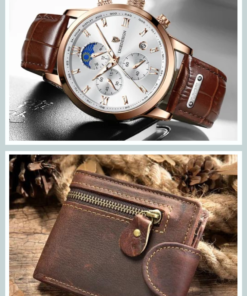 Men's Bifold Genuine Leather Wallet and Lige Chronograph Watch Gift Set