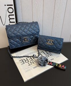 2 in 1 Channel themed ladies small sling bag - Blue