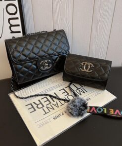 2 in 1 Channel themed ladies small sling bag - Black