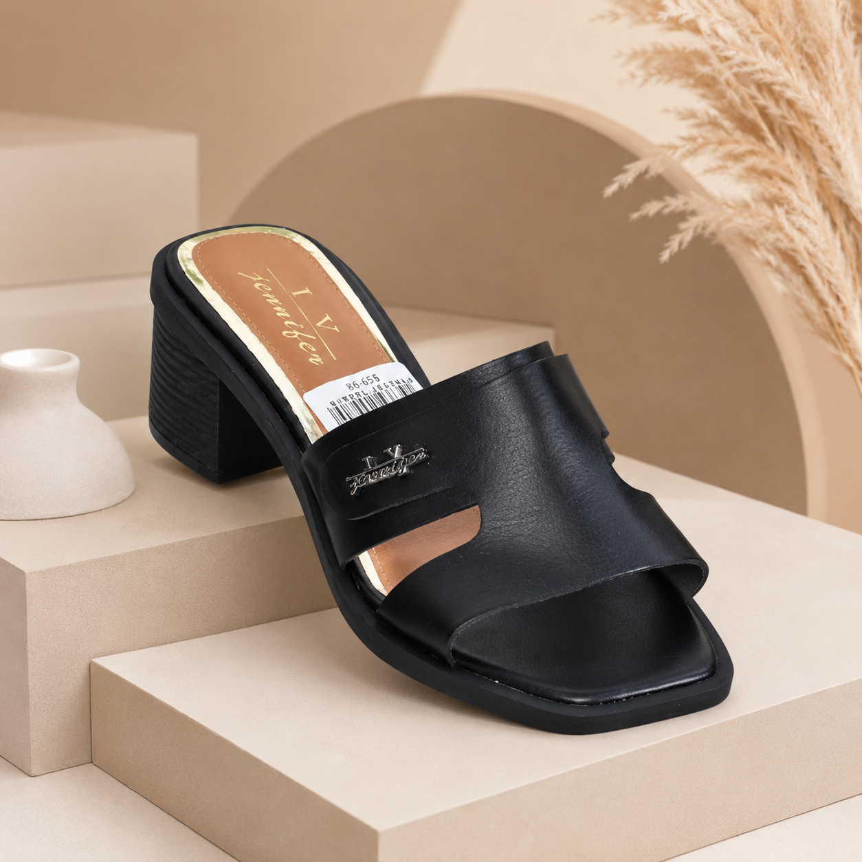 Real cow hide leather block heel slip on ladies open sandals - Image 3