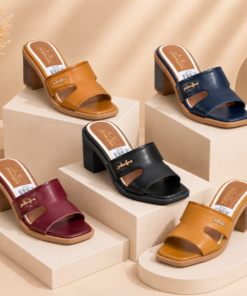 Real cow hide leather block heel slip on ladies open sandals