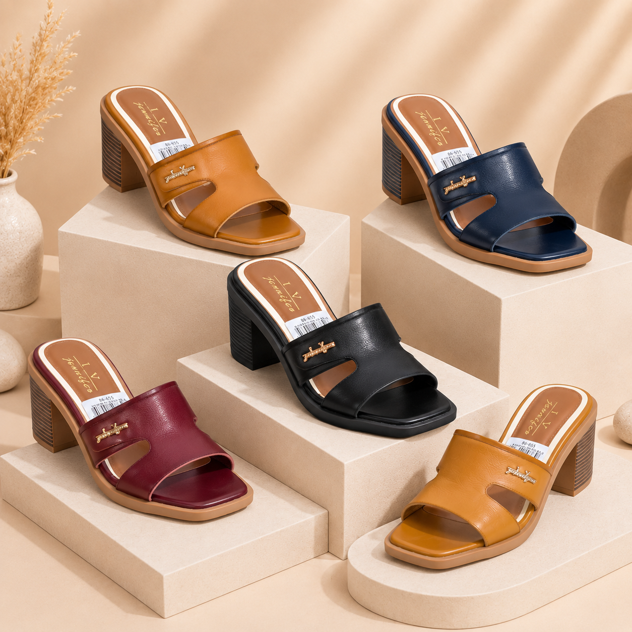 Real cow hide leather block heel slip on ladies open sandals
