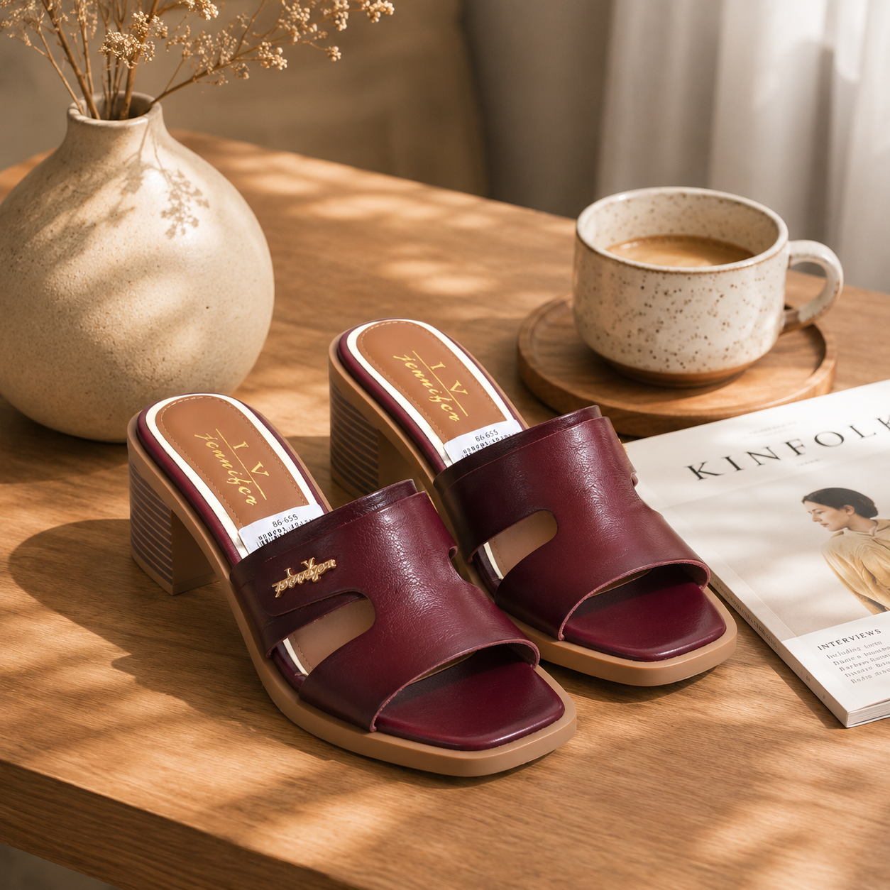 Real cow hide leather block heel slip on ladies open sandals - Image 6