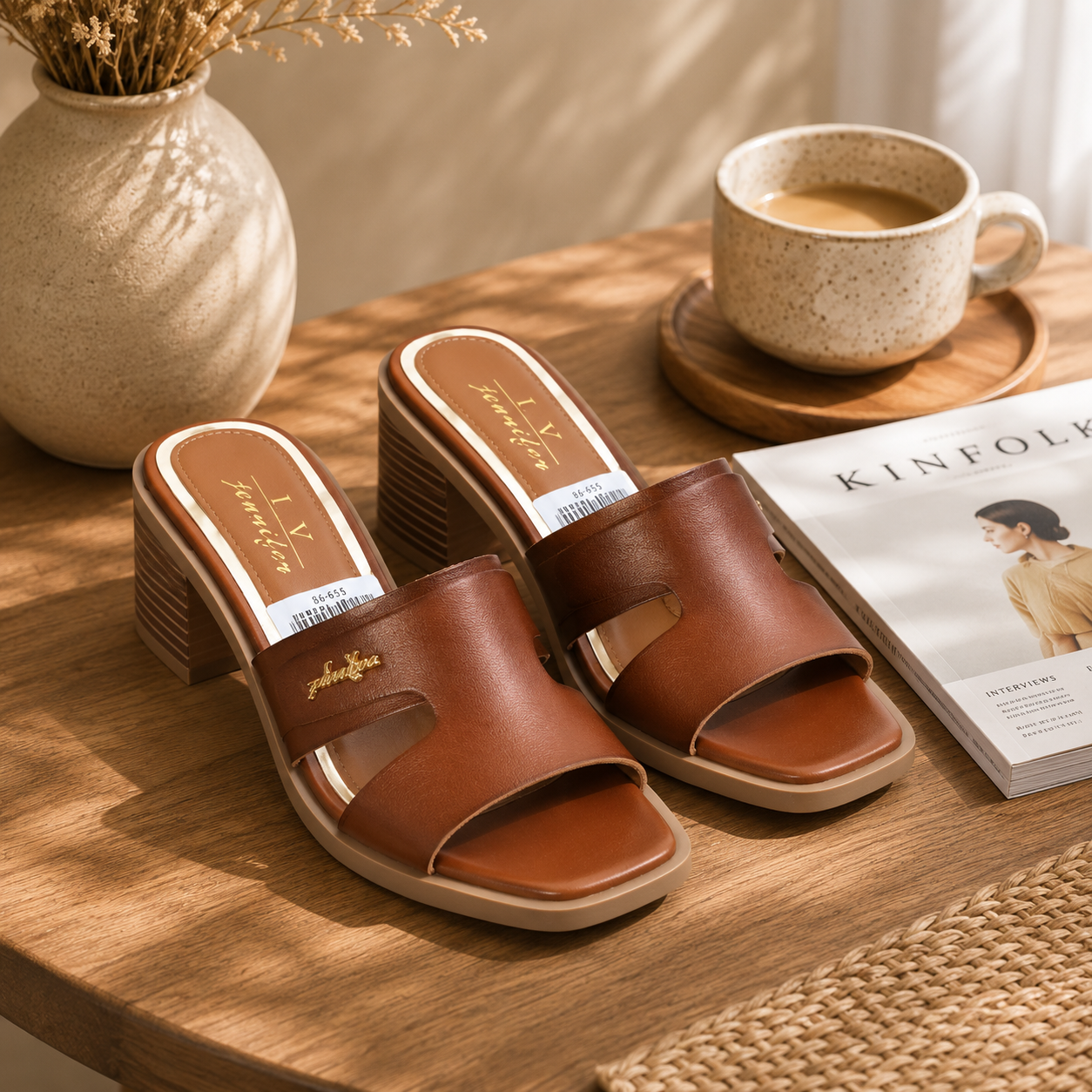 Real cow hide leather block heel slip on ladies open sandals - Image 5