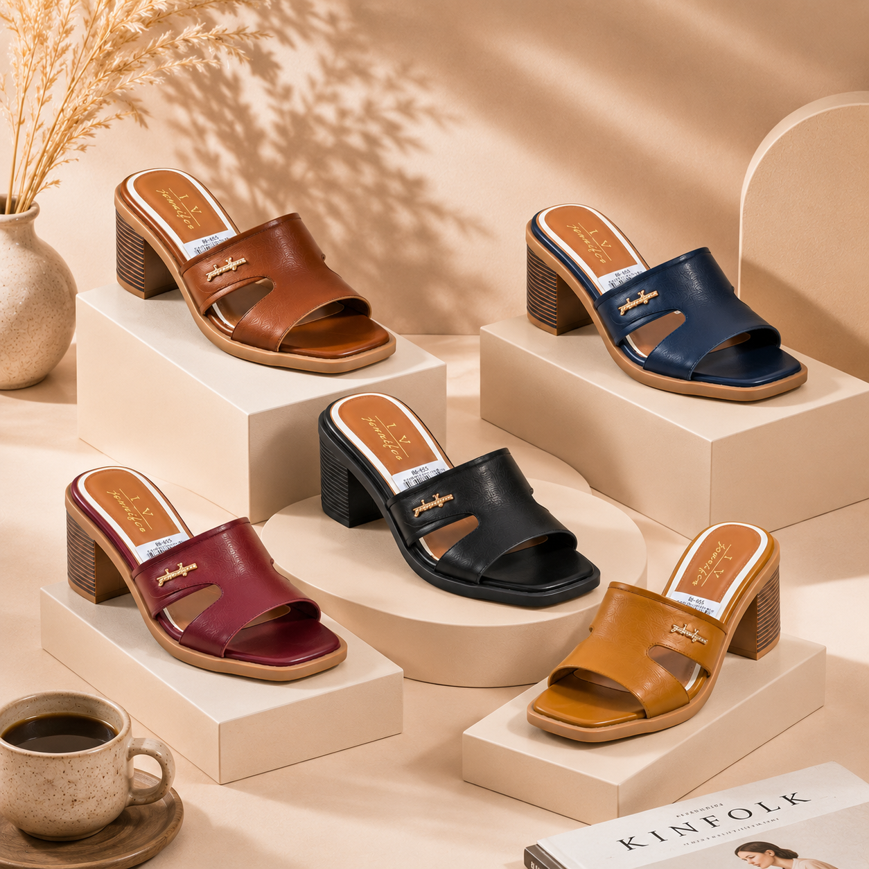 Real cow hide leather block heel slip on ladies open sandals - Image 2