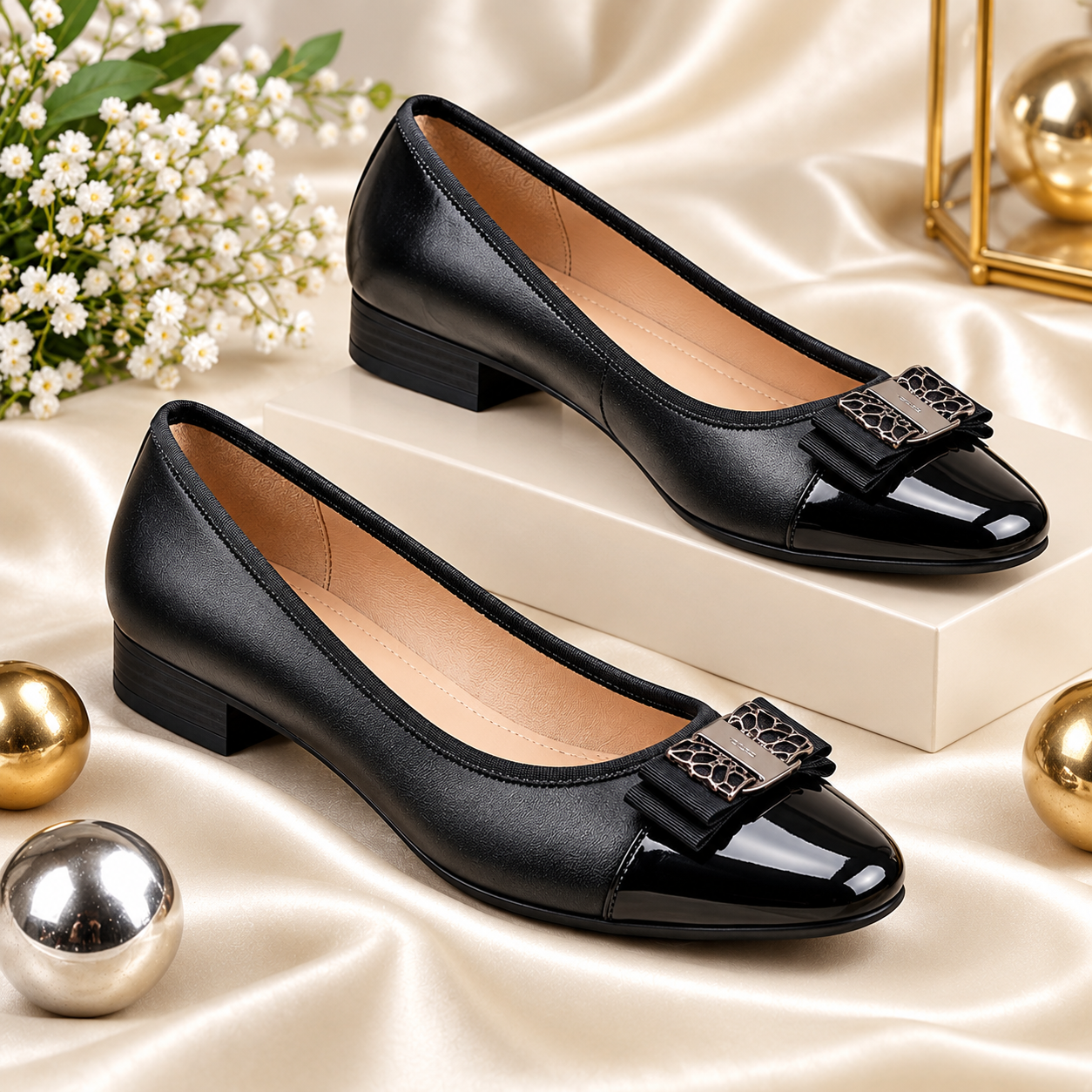 Women’s Elegant Bow-Detail Ballet Flats with Patent-Toe Finish - Image 7