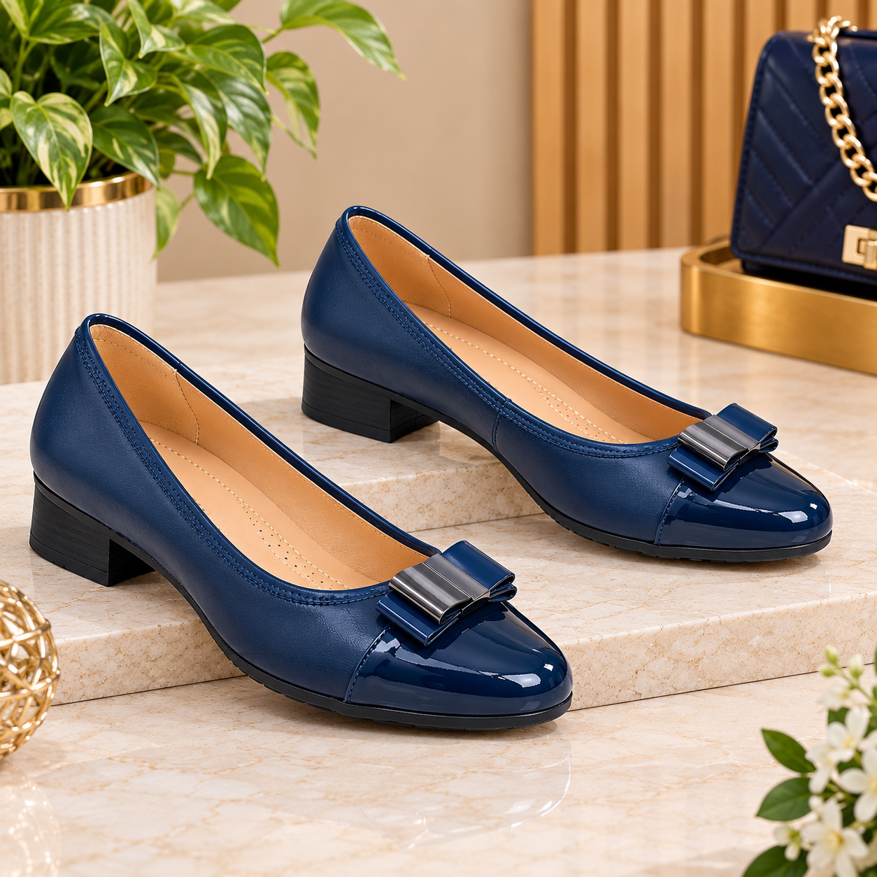 Women's Classic Block heel Pumps with Metallic Bow Detail - Image 3