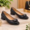 Women's Classic Block heel Pumps with Metallic Bow Detail