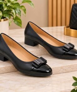 Women's Classic Block heel Pumps with Metallic Bow Detail