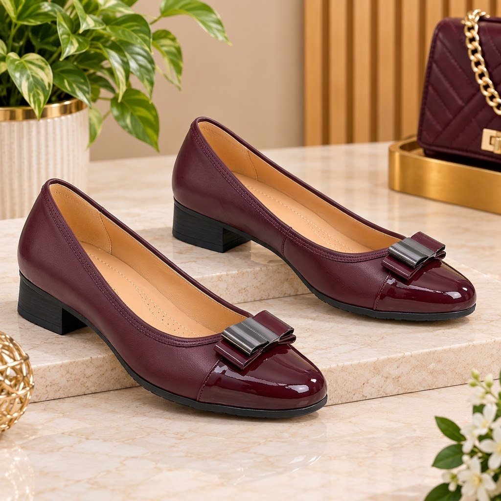 Women's Classic Block heel Pumps with Metallic Bow Detail - Image 2