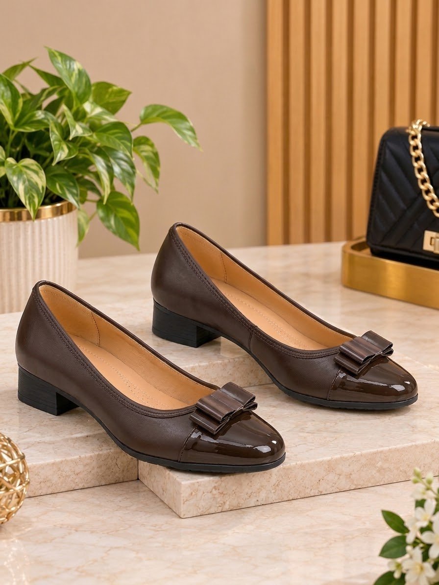 Women's Classic Block heel Pumps with Metallic Bow Detail - Image 4